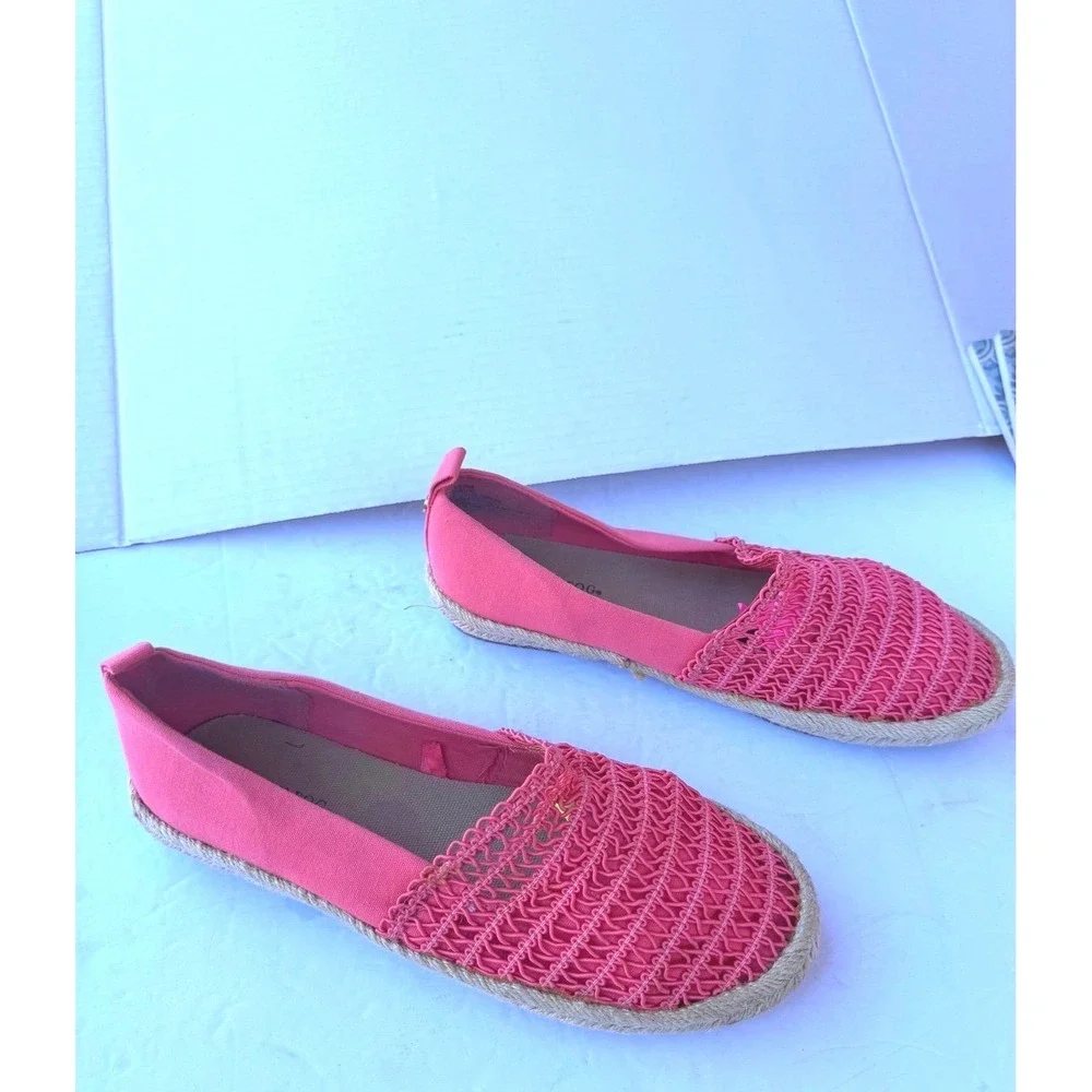 London Fog Coral Pink Espadrille Flat Woven Crochet Canvas Slip On Shoes 7W wide